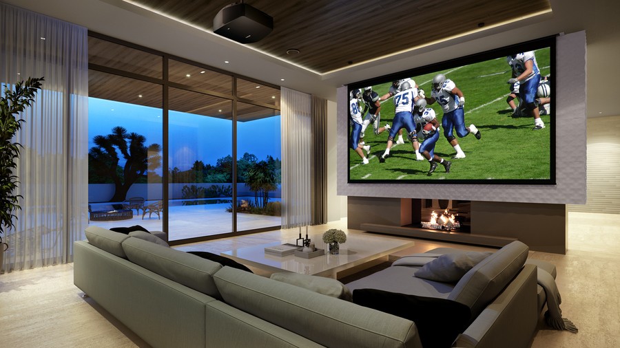 A luxury family room with a Sony projector displaying a football game.