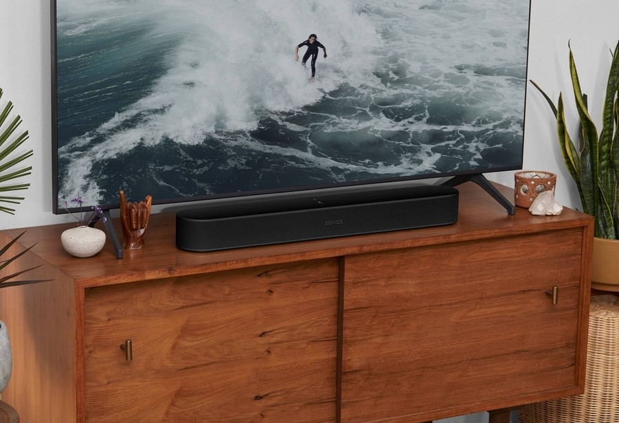 A living room TV setup with a Sonos soundbar. 